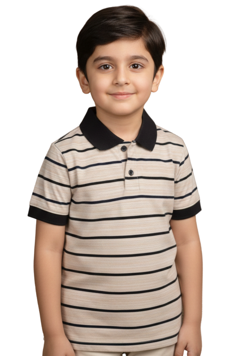 Boys' Classic Beige Striped Polo Shirt with Contrast Black Collar