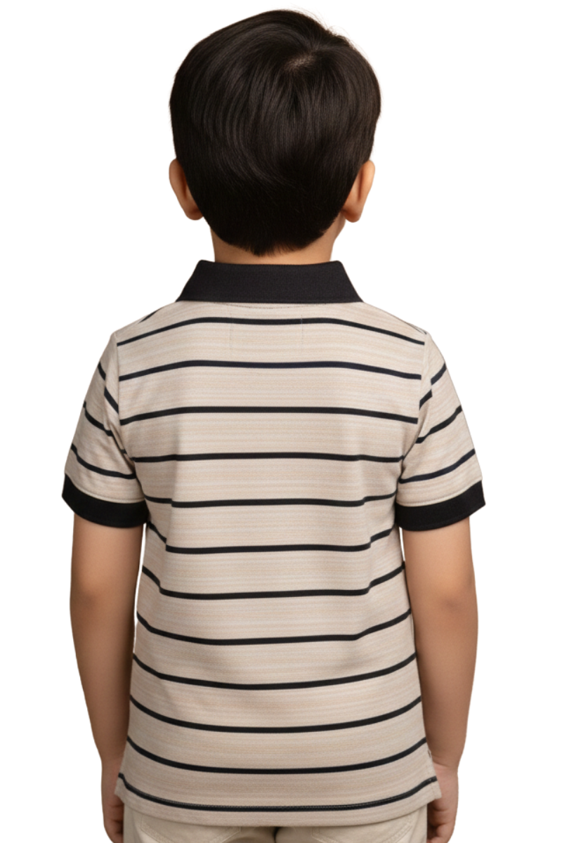 Boys' Classic Beige Striped Polo Shirt with Contrast Black Collar