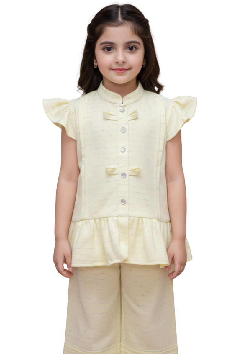 Girls' 2-Piece Lemon Yellow Fusion Set - Peplum Top & Wide-Leg Trousers