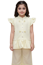 Girls' 2-Piece Lemon Yellow Fusion Set - Peplum Top & Wide-Leg Trousers