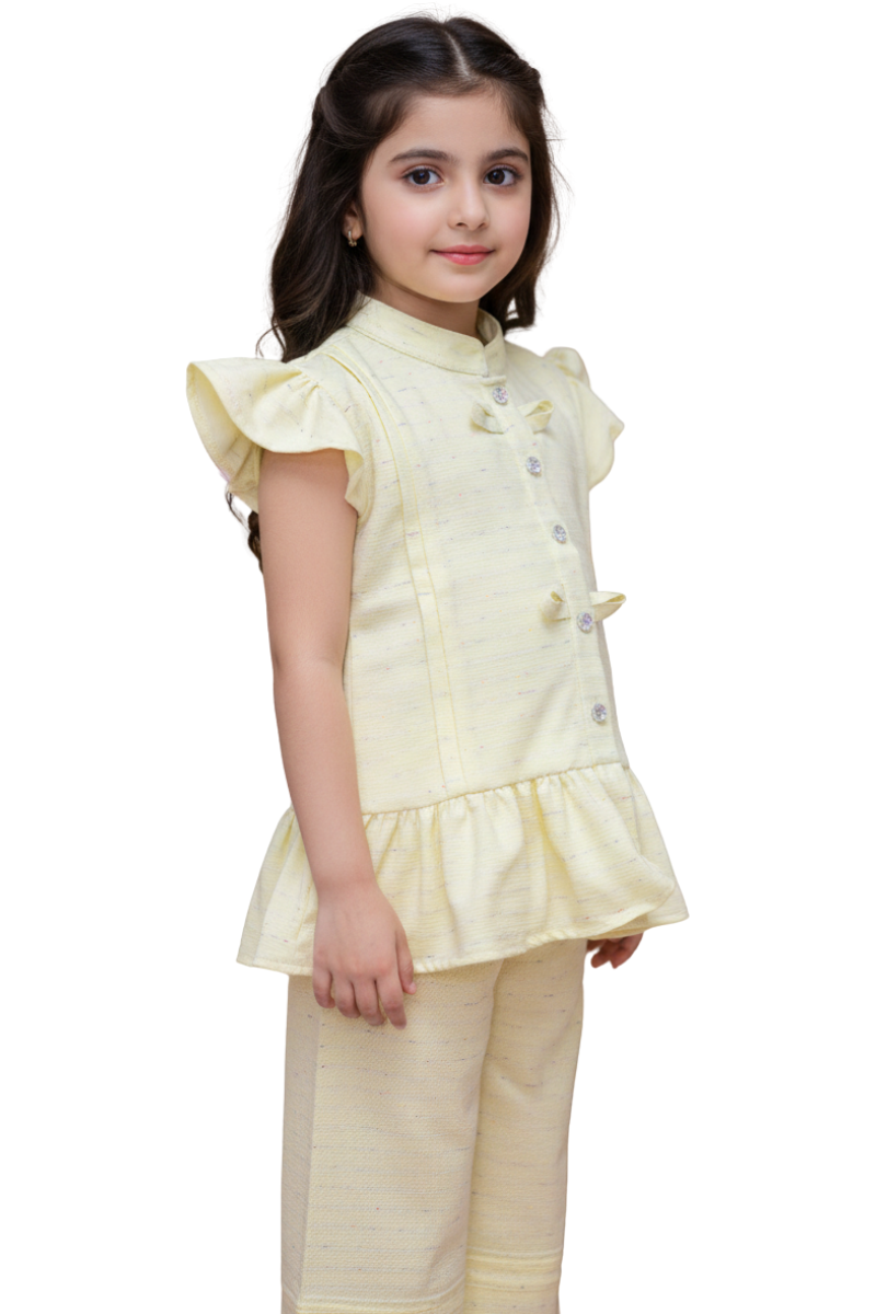 Girls' 2-Piece Lemon Yellow Fusion Set - Peplum Top & Wide-Leg Trousers