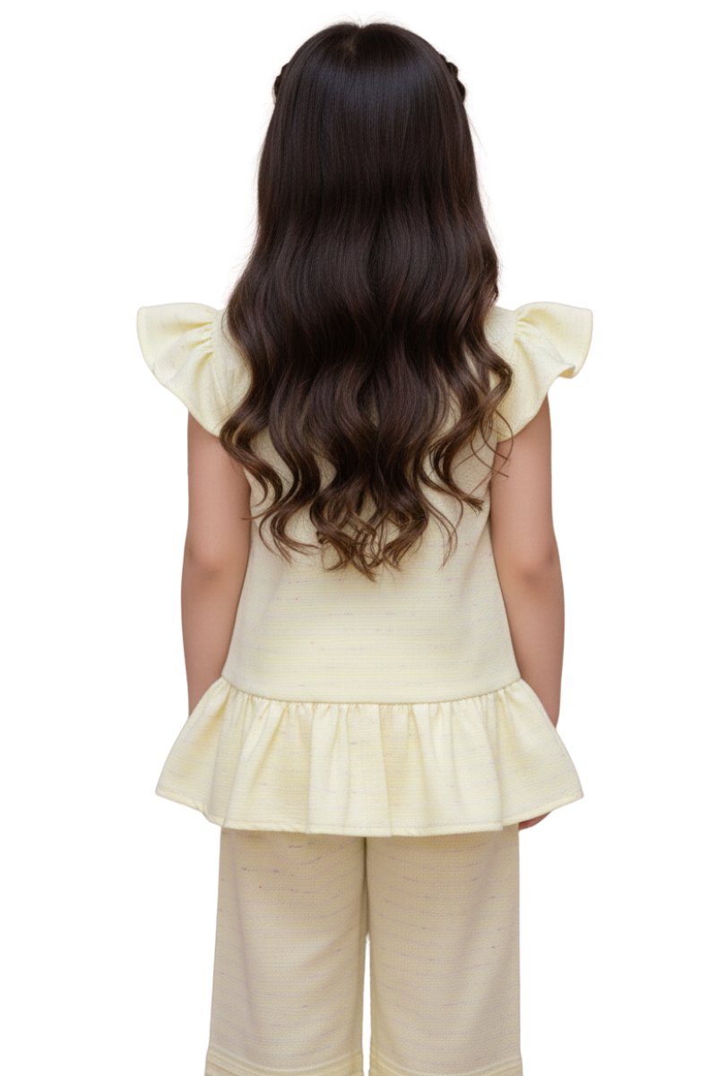 Girls' 2-Piece Lemon Yellow Fusion Set - Peplum Top & Wide-Leg Trousers