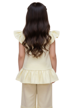 Girls' 2-Piece Lemon Yellow Fusion Set - Peplum Top & Wide-Leg Trousers