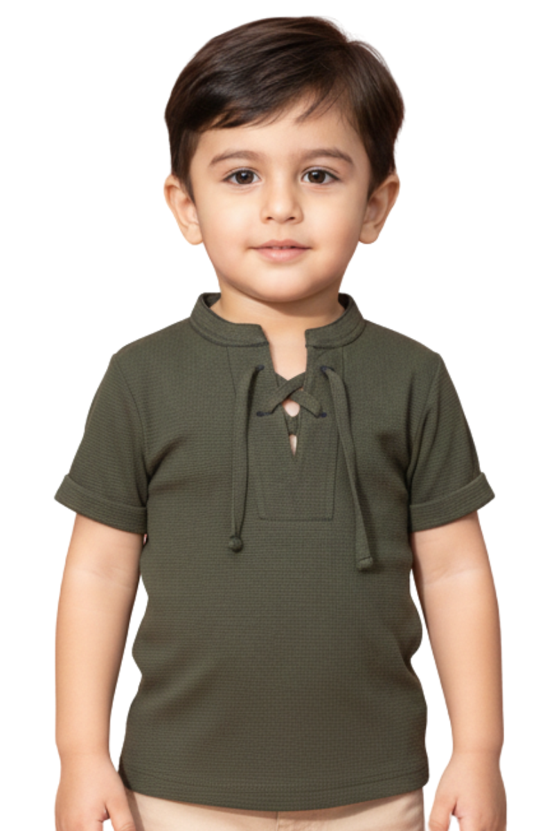 Boys' Olive Green Lace-Up Henley Shirt – Textured Short Sleeve Casual Top