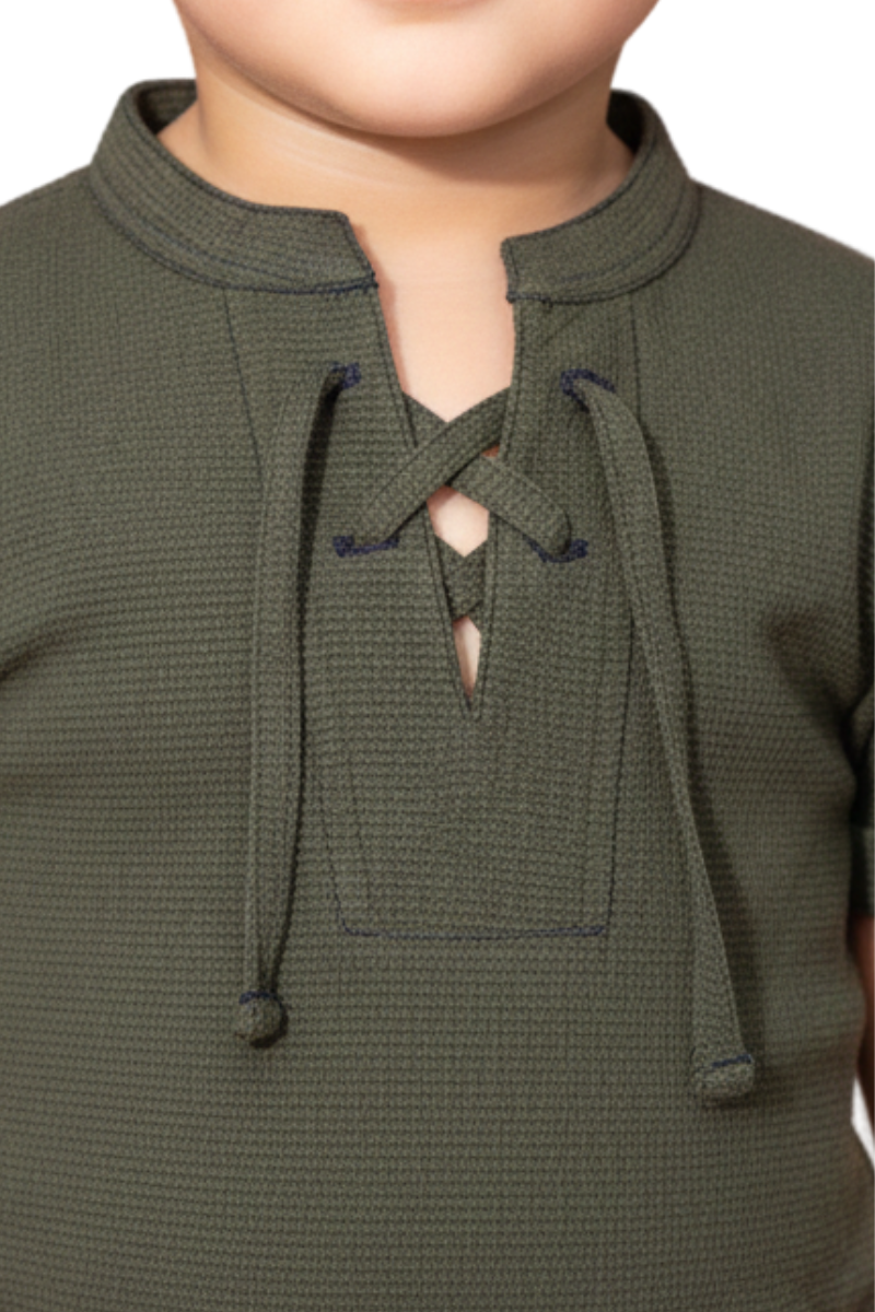 Boys' Olive Green Lace-Up Henley Shirt – Textured Short Sleeve Casual Top