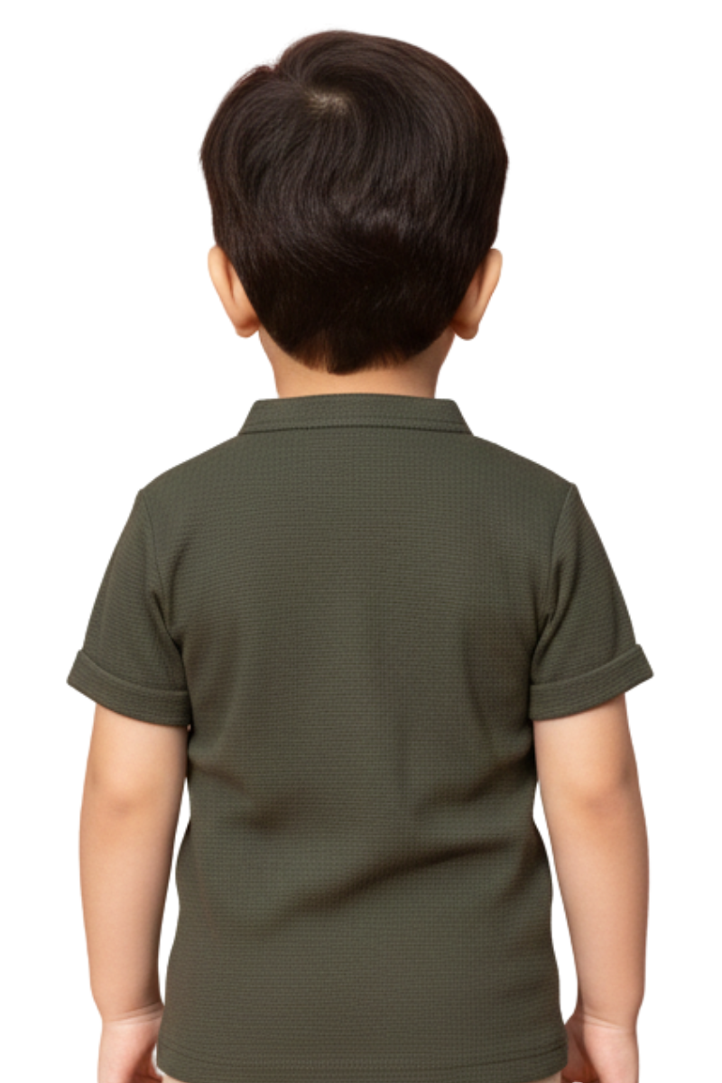 Boys' Olive Green Lace-Up Henley Shirt – Textured Short Sleeve Casual Top