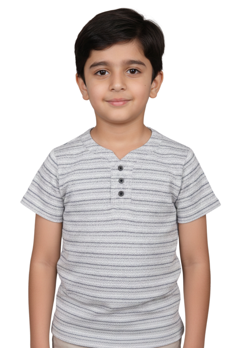 Boys' Premium Grey Melange Striped Henley with Button Detail