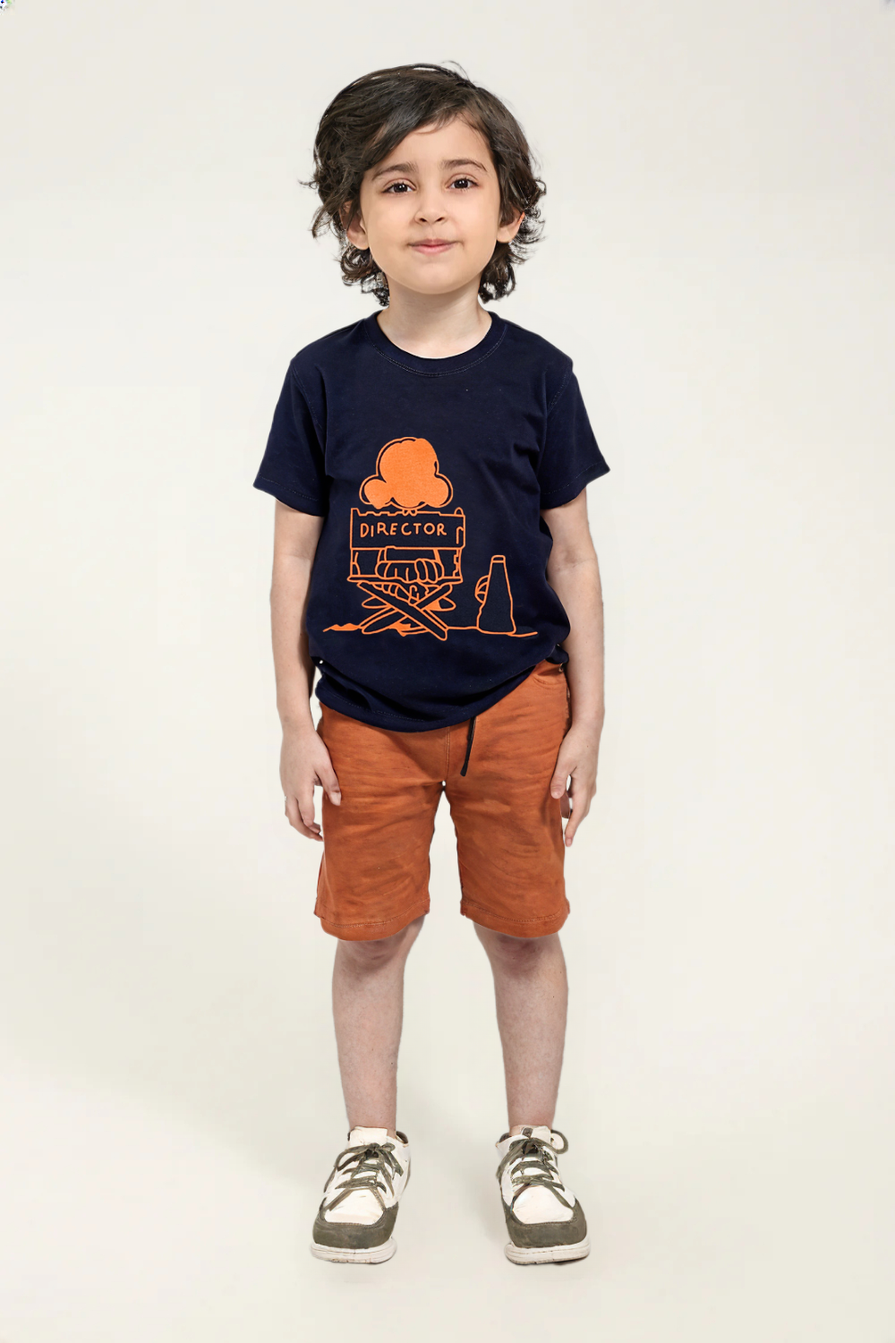 Boys’ “Director” Navy T-Shirt & Rust Orange Shorts Set | Trendy Summer Outfit