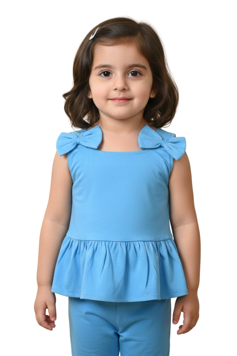 Infant Girls Adorable Bow Strap Peplum Top & Wide-Leg Pants Set – Sky Blue
