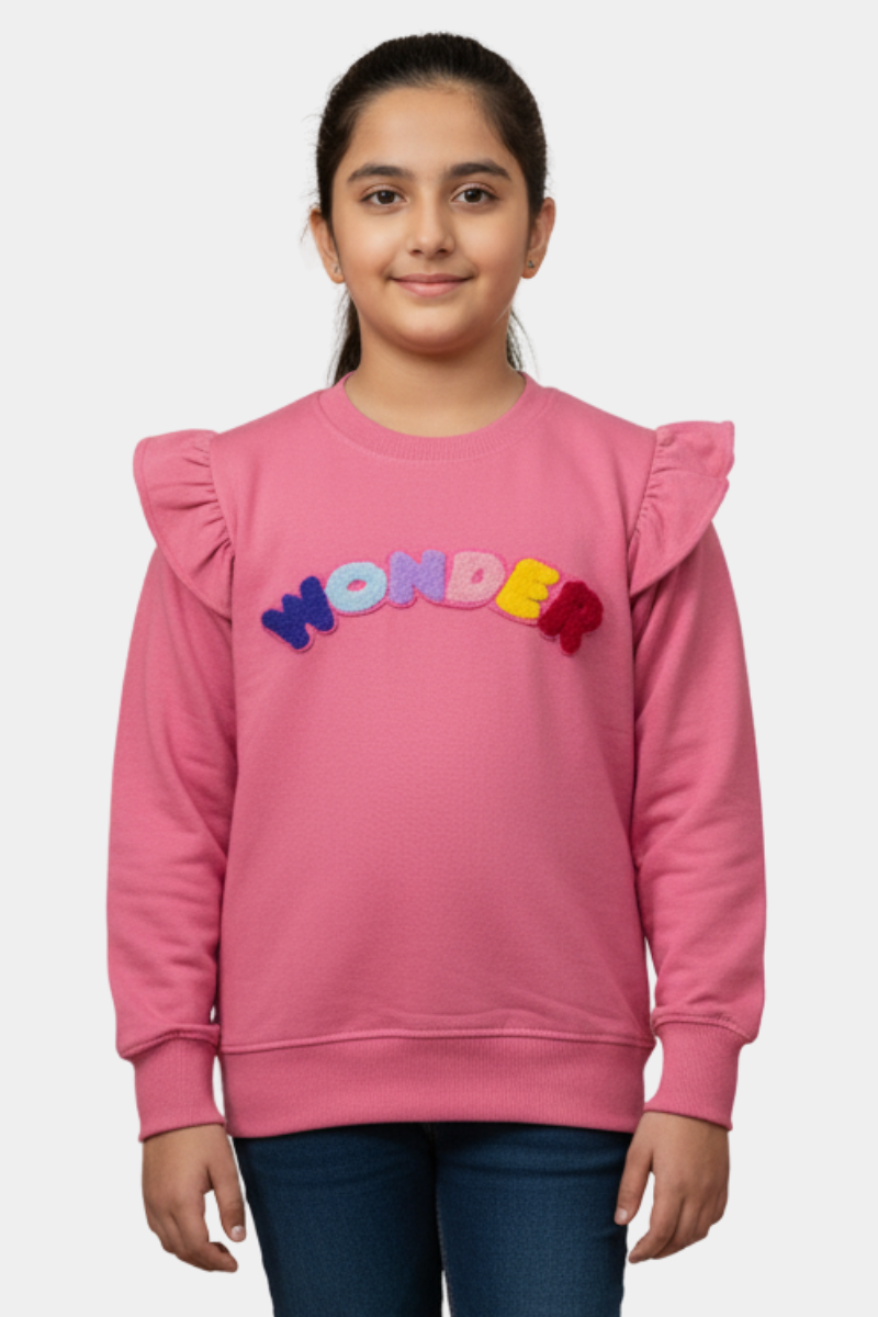 Girls' Pink Ruffle Shoulder "WONDER" Sweatshirt