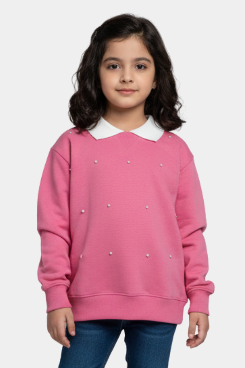 Girls' Pink Pearl Embellished Sweatshirt with White Collar