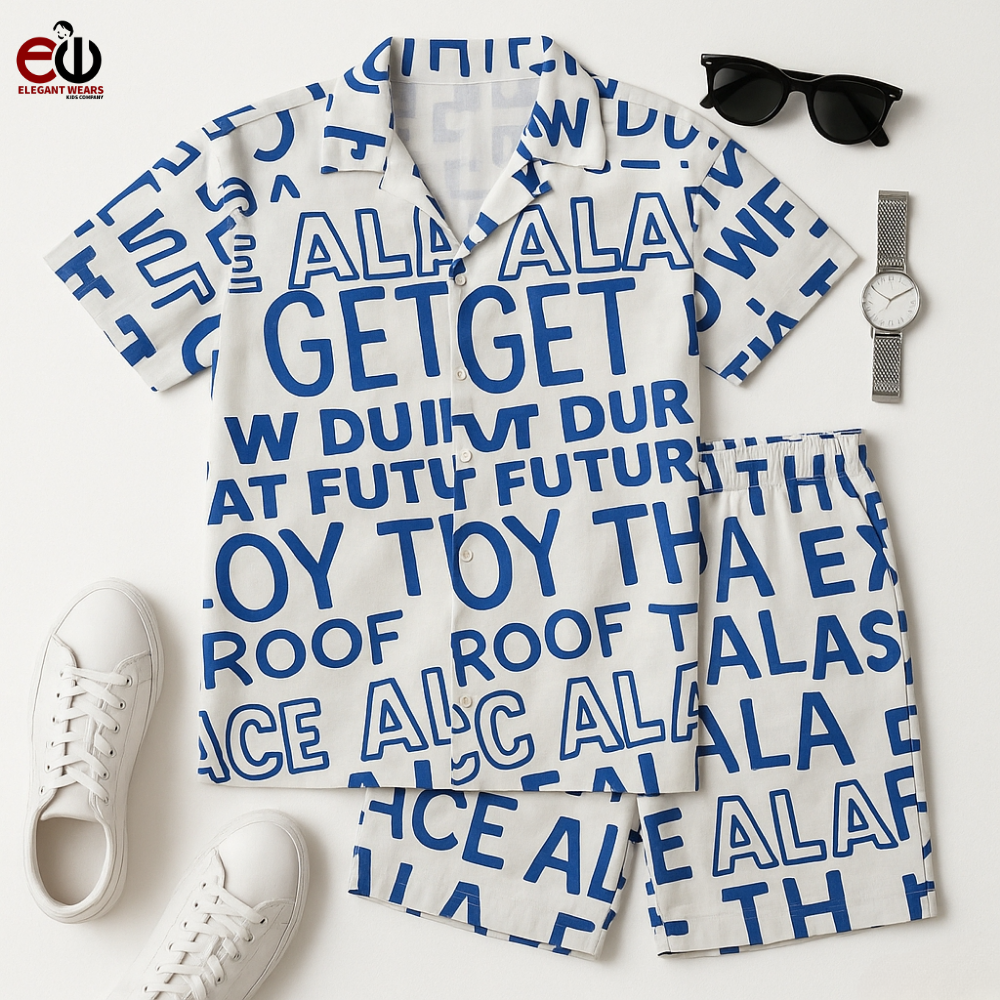 Trendy Typography Printed Boys' Summer Outfit - Blue