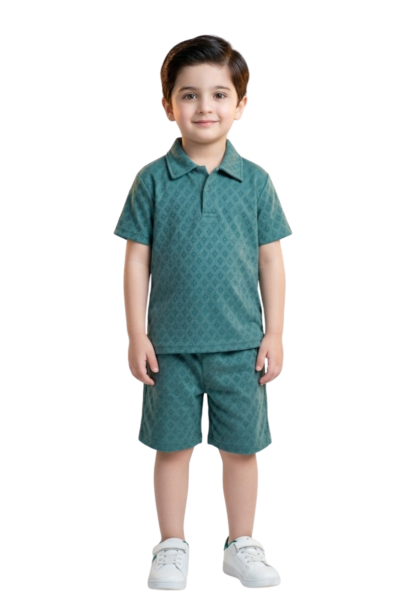Boys Dusty Sage Green Textured Polo & Shorts Set