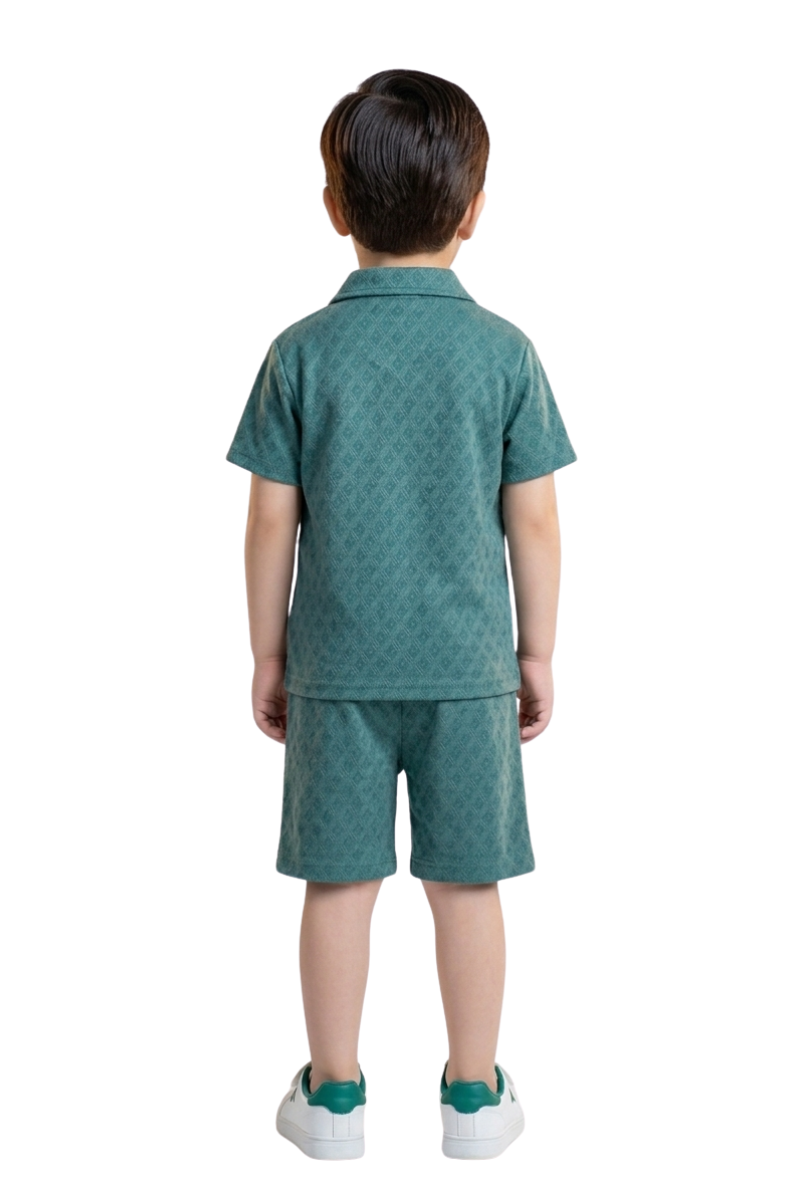 Boys Dusty Sage Green Textured Polo & Shorts Set