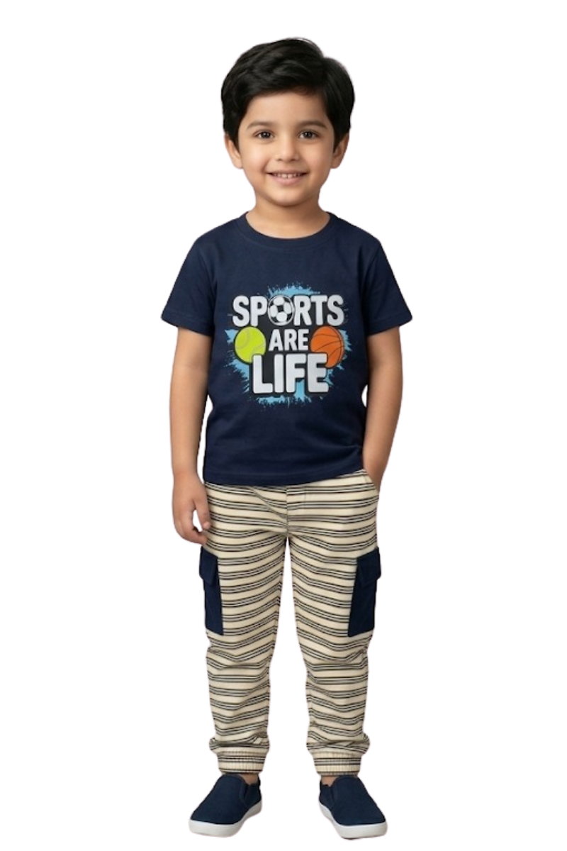 Boys “Sports Are Life” T-Shirt & Striped Pajama Set (2PC)
