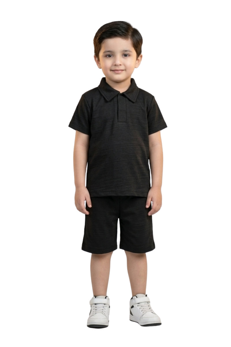 Boys black  Textured Polo & Shorts Set