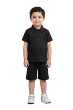 Boys black  Textured Polo & Shorts Set