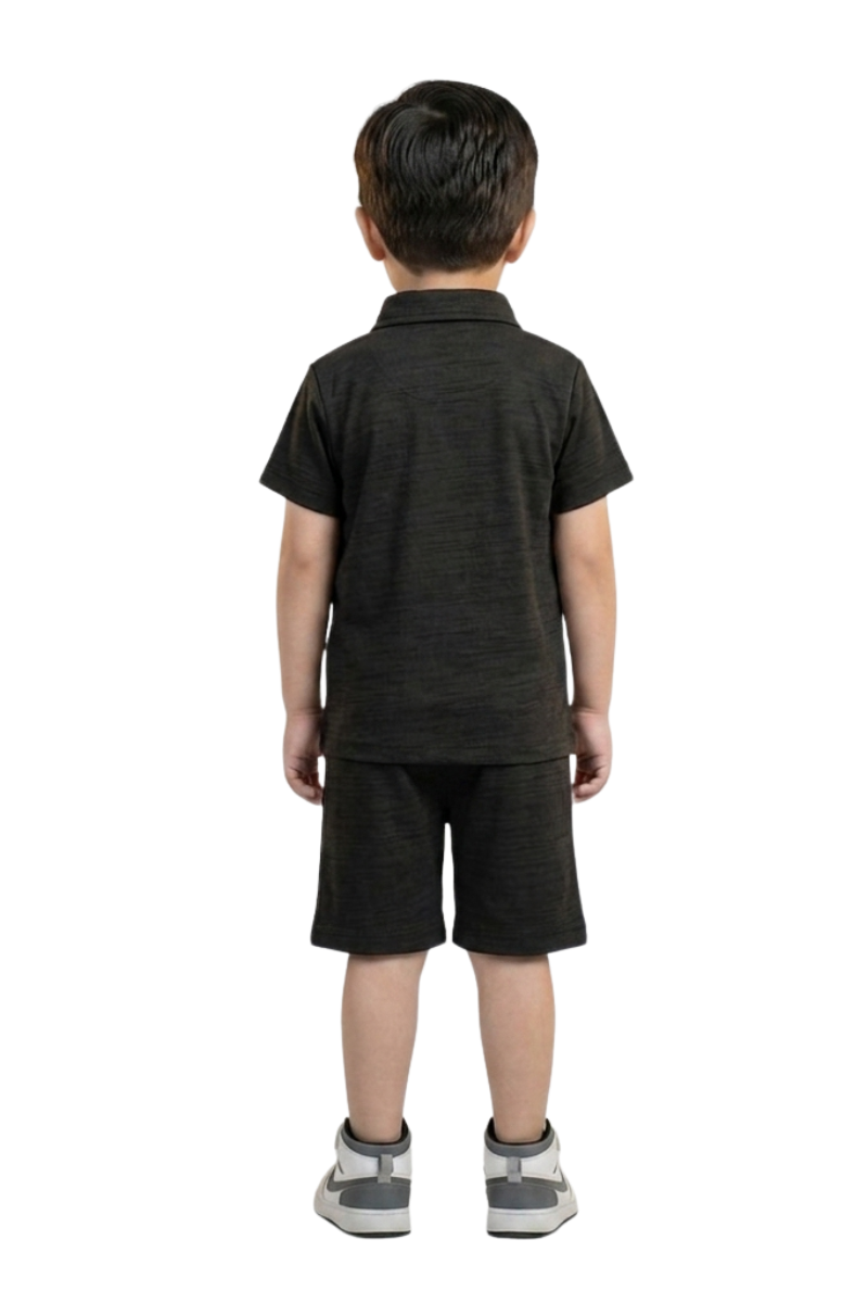 Boys black  Textured Polo & Shorts Set