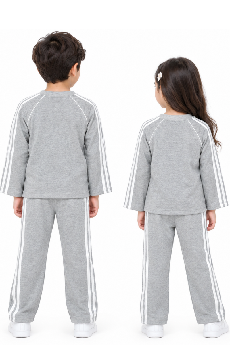 Kids Unisex Heather Grey Terry Tracksuit – Side-Striped Winter Set