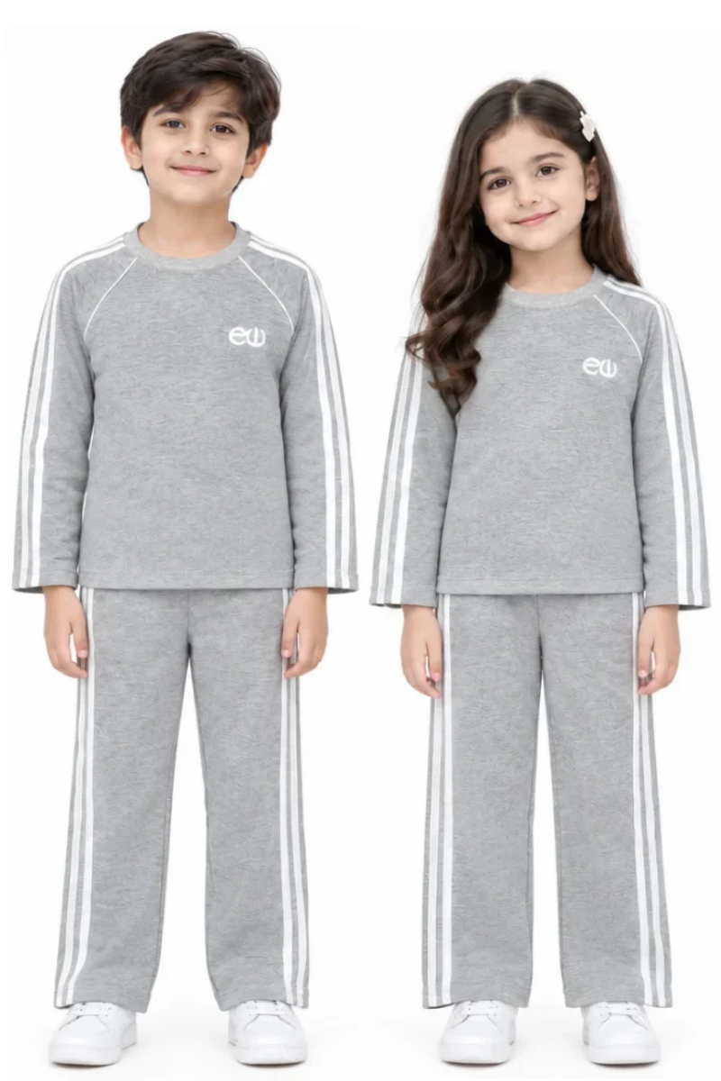 Kids Unisex Heather Grey Terry Tracksuit – Side-Striped Winter Set