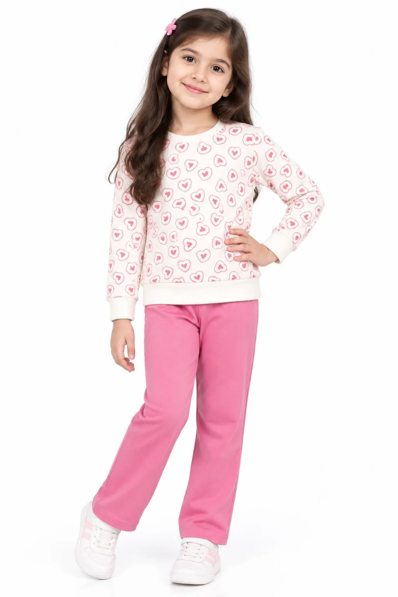 Girls' Heart Print Sweatshirt & Pink Trousers 2-Piece Co-ord Set