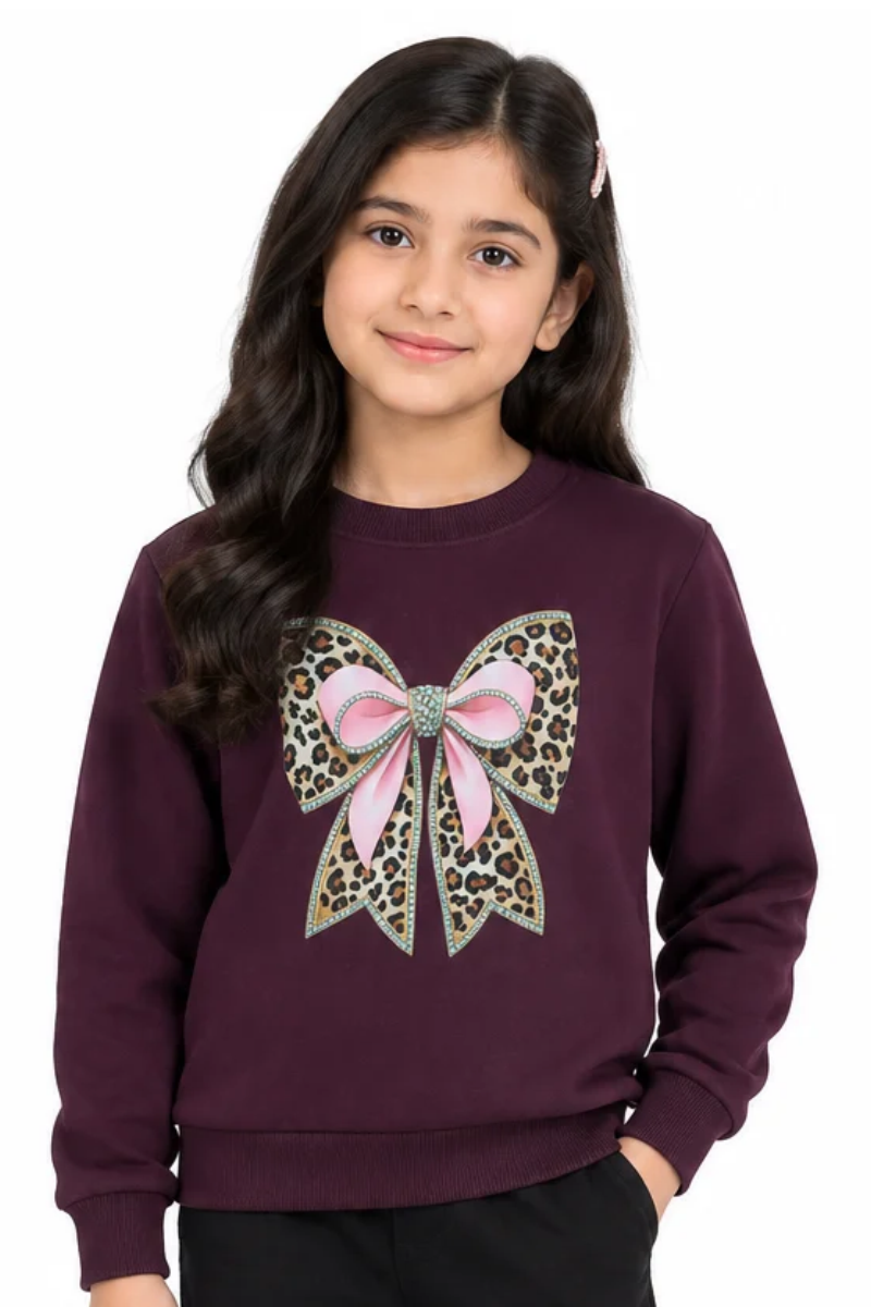 Girls' Plum Purple Leopard & Ribbon Bow Graphic Sweatshirt