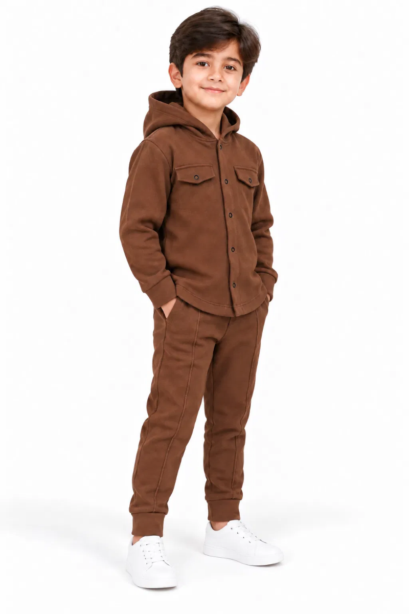 Boys' Chocolate Brown Hooded Button-Down Jacket & Joggers  Tracksuit Set