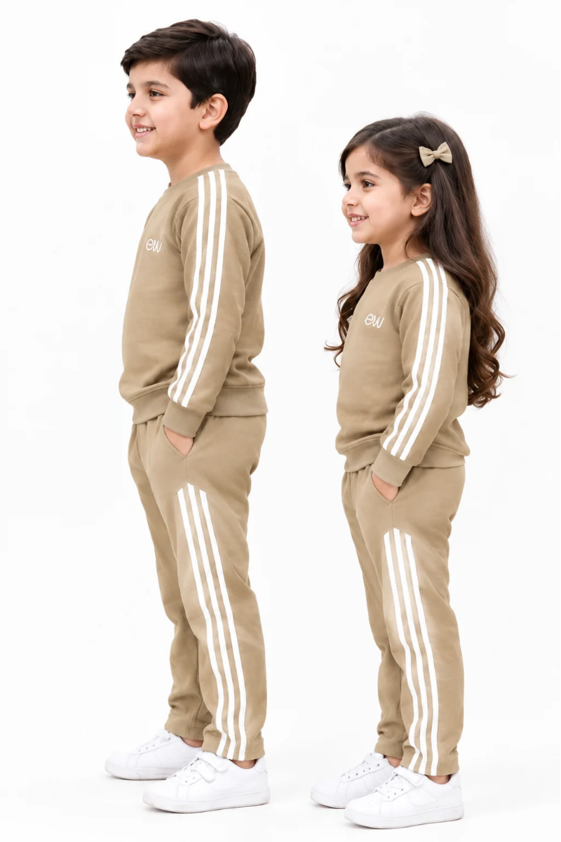 Boys' 2-Piece Cotton Fleece Tracksuit - Khaaki with Side Stripes