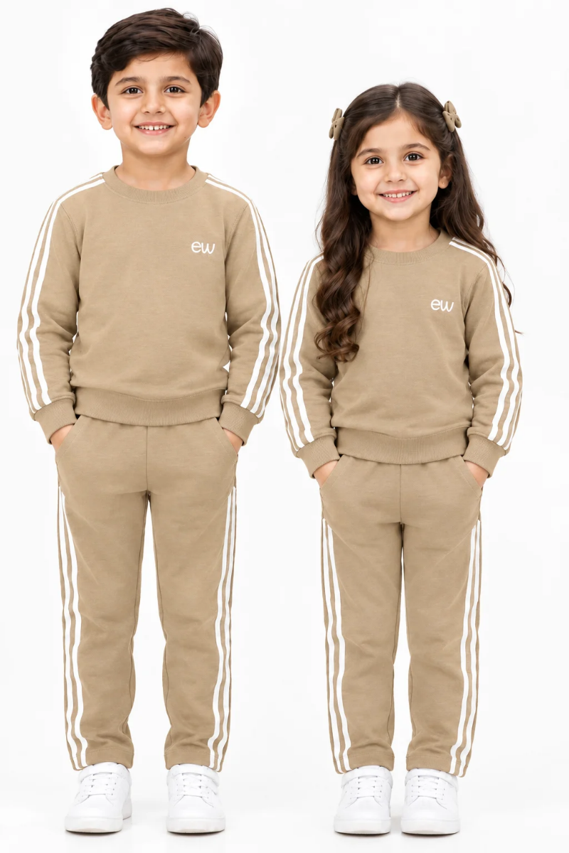 Boys' 2-Piece Cotton Fleece Tracksuit - Khaaki with Side Stripes