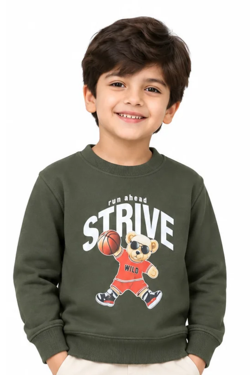 Boys' Dark Olive Green "STRIVE" Basketball Bear Graphic Sweatshirt