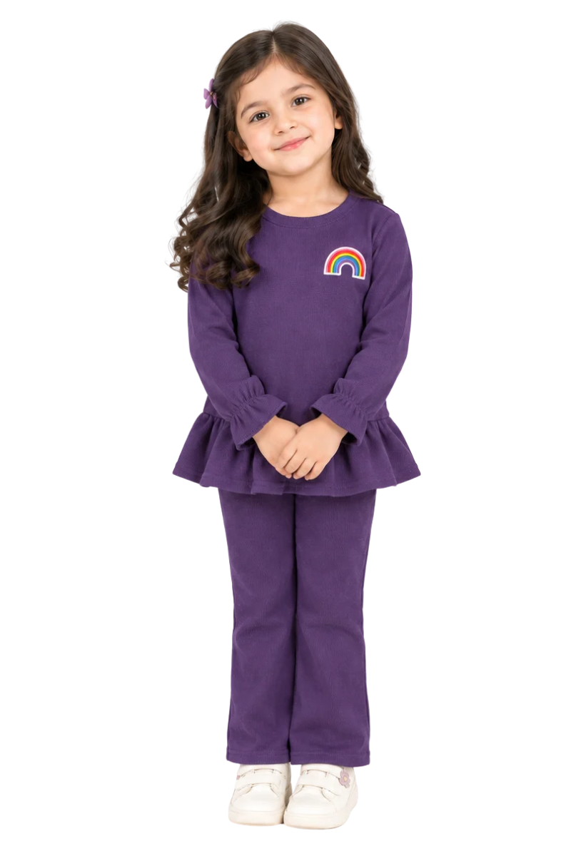 Girls' Purple Rainbow Peplum Top & Matching Trousers Co-ord Set