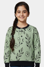 Girls' Sage Green Floral Print Henley Sweatshirt | Cozy Long Sleeve Top