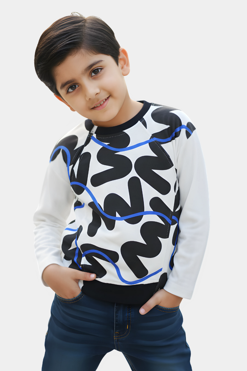 Boys' Abstract Black & Blue Wave Print Sweatshirt | Modern Graphic Top
