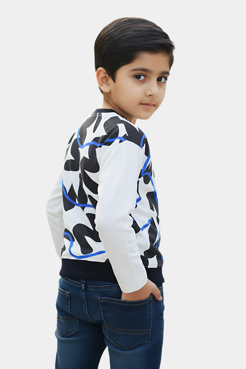 Boys' Abstract Black & Blue Wave Print Sweatshirt | Modern Graphic Top