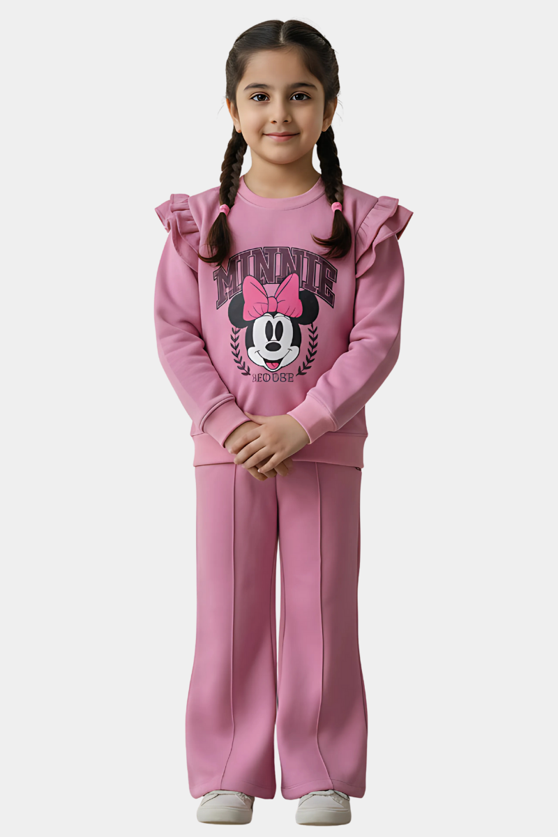 BABY GIRLS RUFFLE TRIM TOP & FLARE LEG TROUSER - PINK