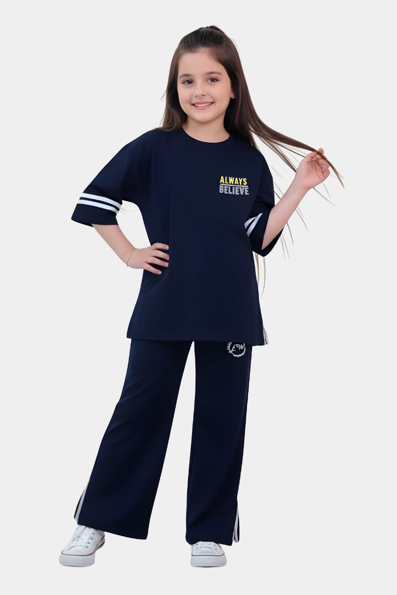 Always Believe" Girls' Navy Blue Oversized Tee & Wide-Leg Pants Set