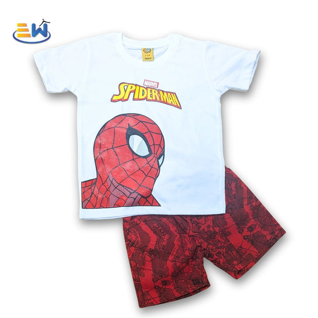 Toddler Boy's White Printed SpiderMan Tee with all over Short