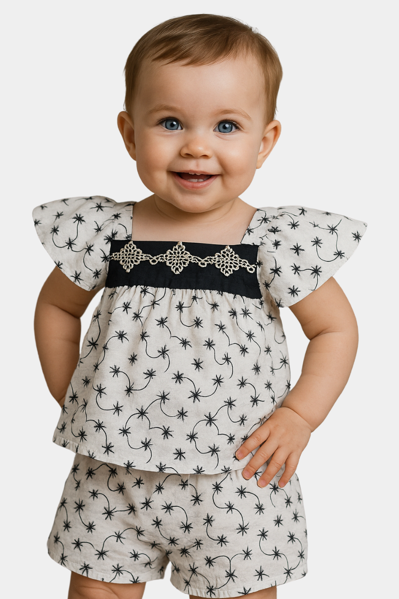 White Floral Embroidered Top and Shorts Set